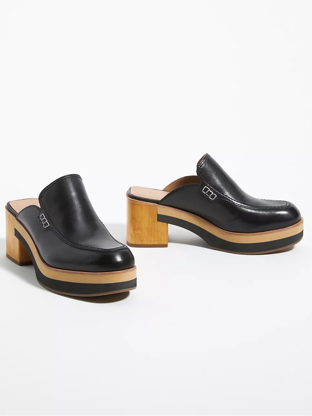 Anthropologie Bernardo Sofia Leather Clogs Wood Heel Mule Black Antique Calf - 1